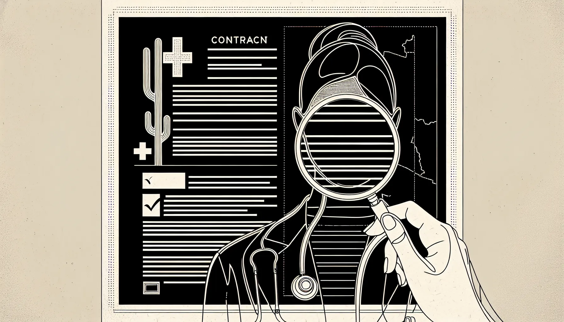 Veterinarian reviewing a contract with magnifying glass, checklist, and Arizona outline.