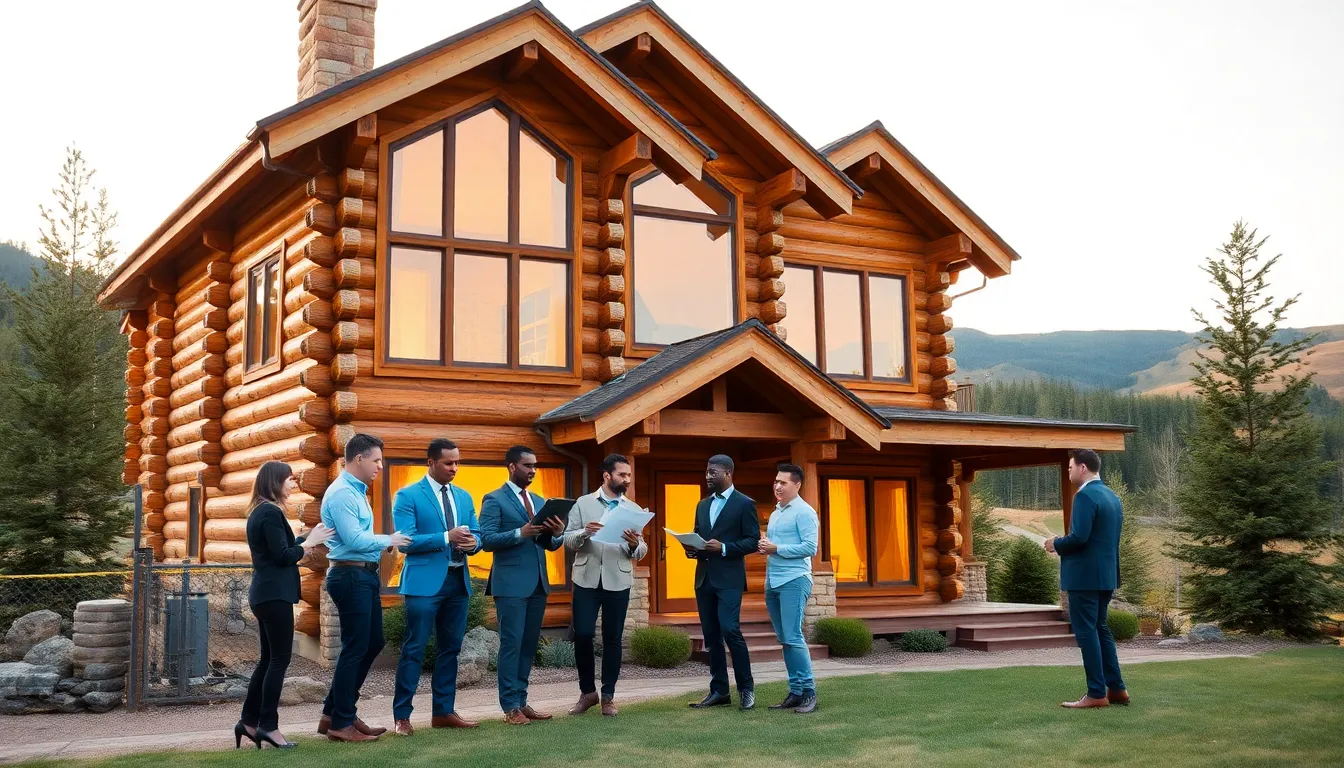 modern log home with a diverse team discussing energy efficiency outside.
