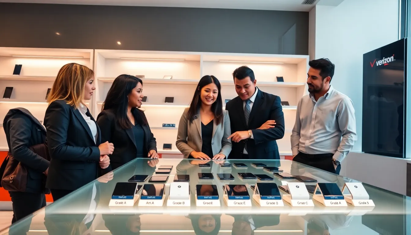 professionals discussing refurbished Verizon phones in a modern retail setting.