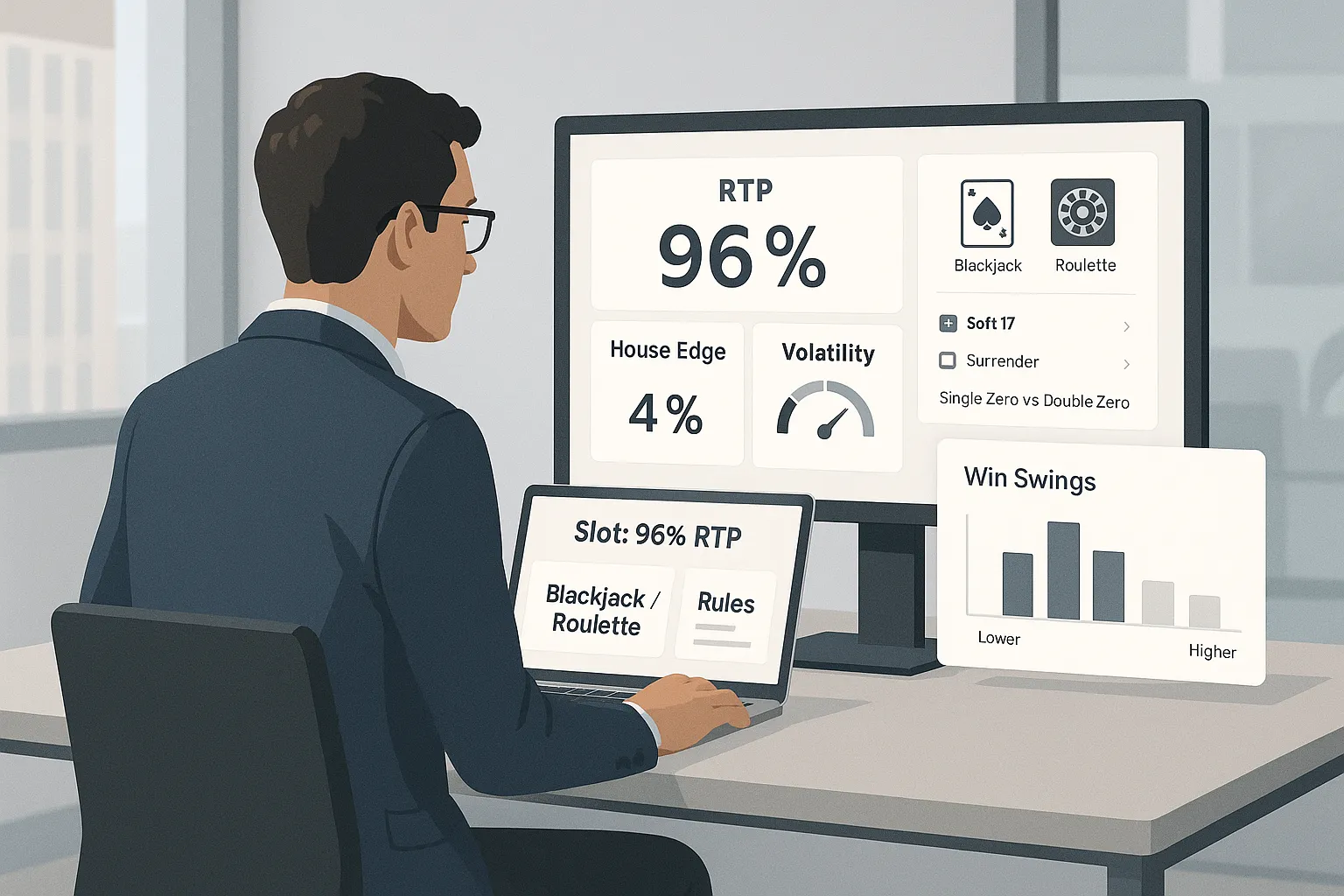 Professional reviewing RTP, house edge, and volatility metrics on a dashboard.