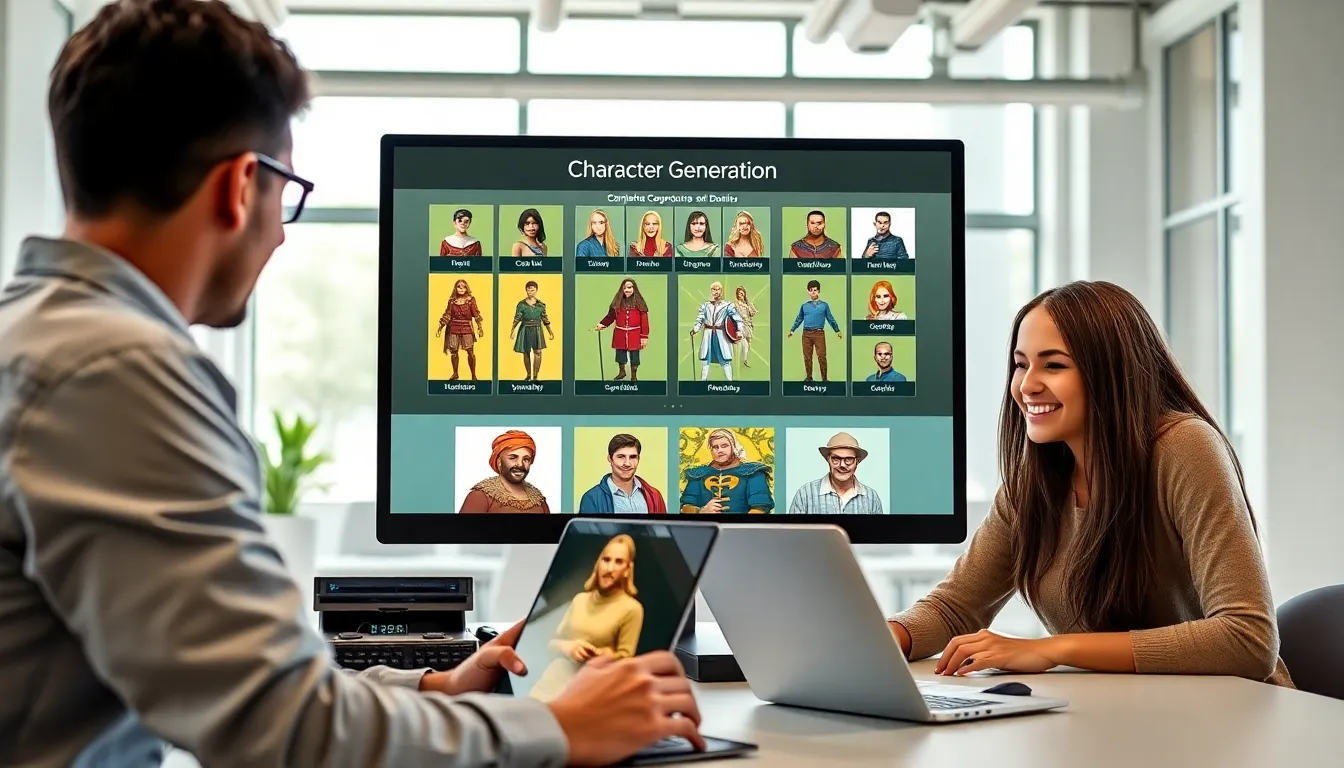 diverse group collaborating on character design in a modern office.