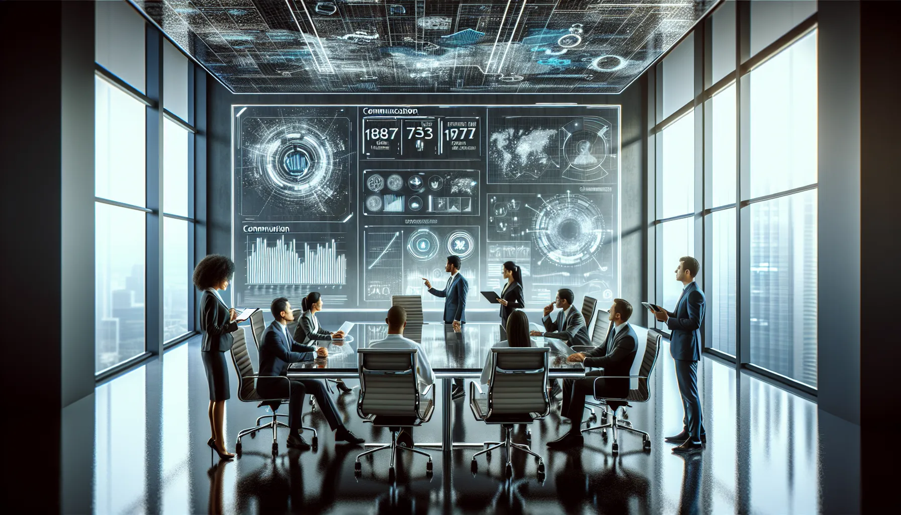 professionals discussing communication metrics in a modern office.