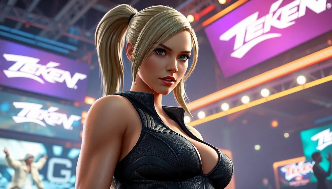 Nina Williams in a dynamic gaming arena, ready for a fight.