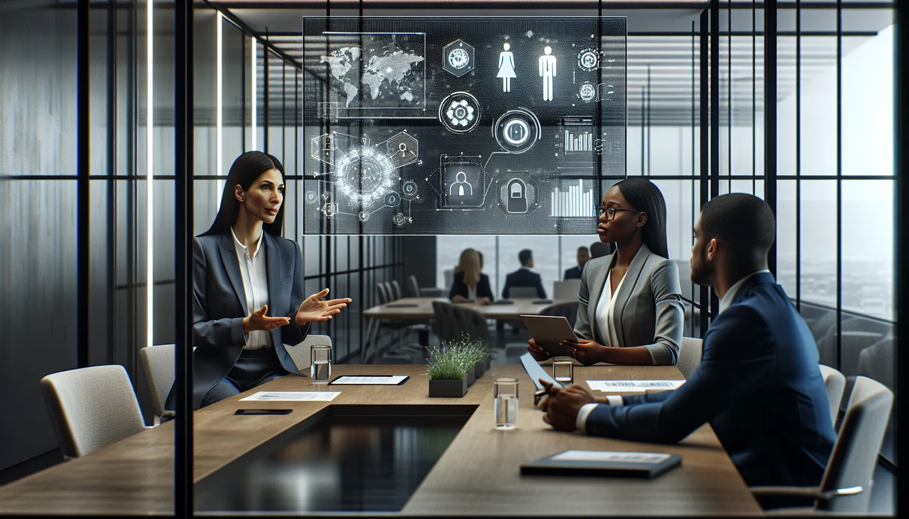 diverse professionals discussing data privacy in a modern conference room.