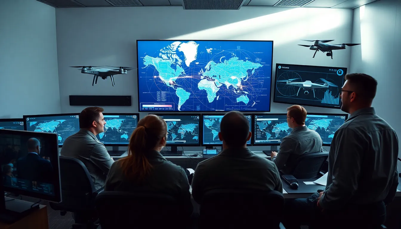 military professionals analyzing drone surveillance data in a command center.