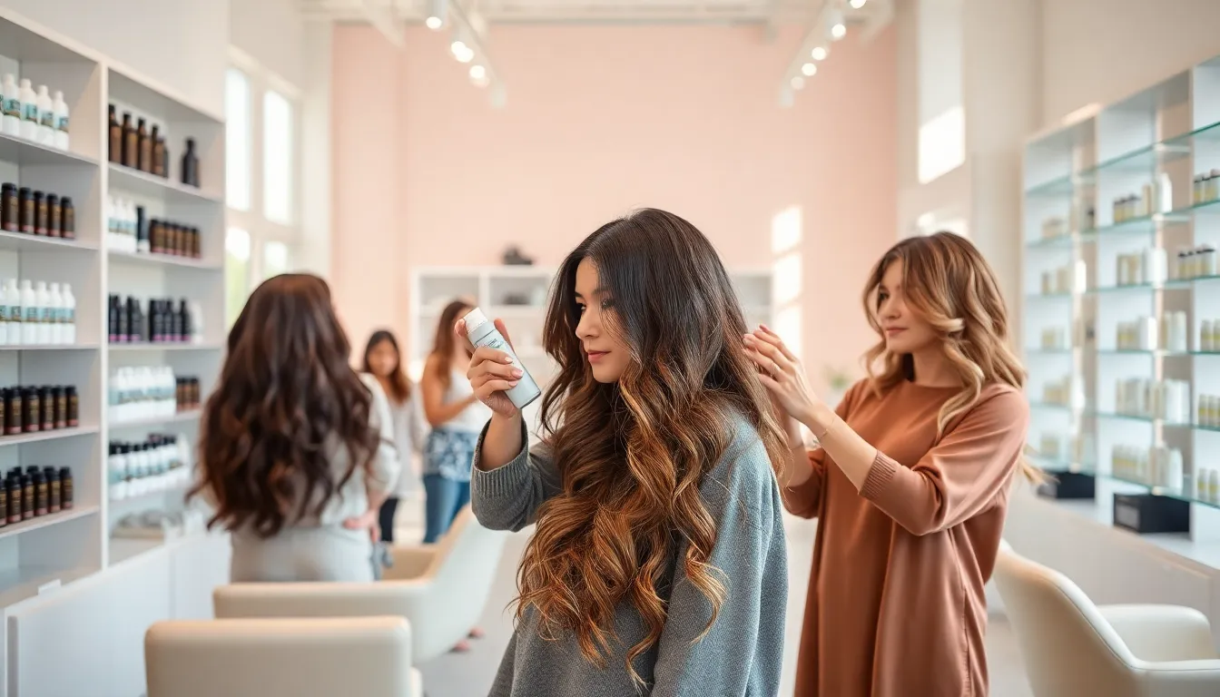 diverse team demonstrating wavy hair care in a modern salon.