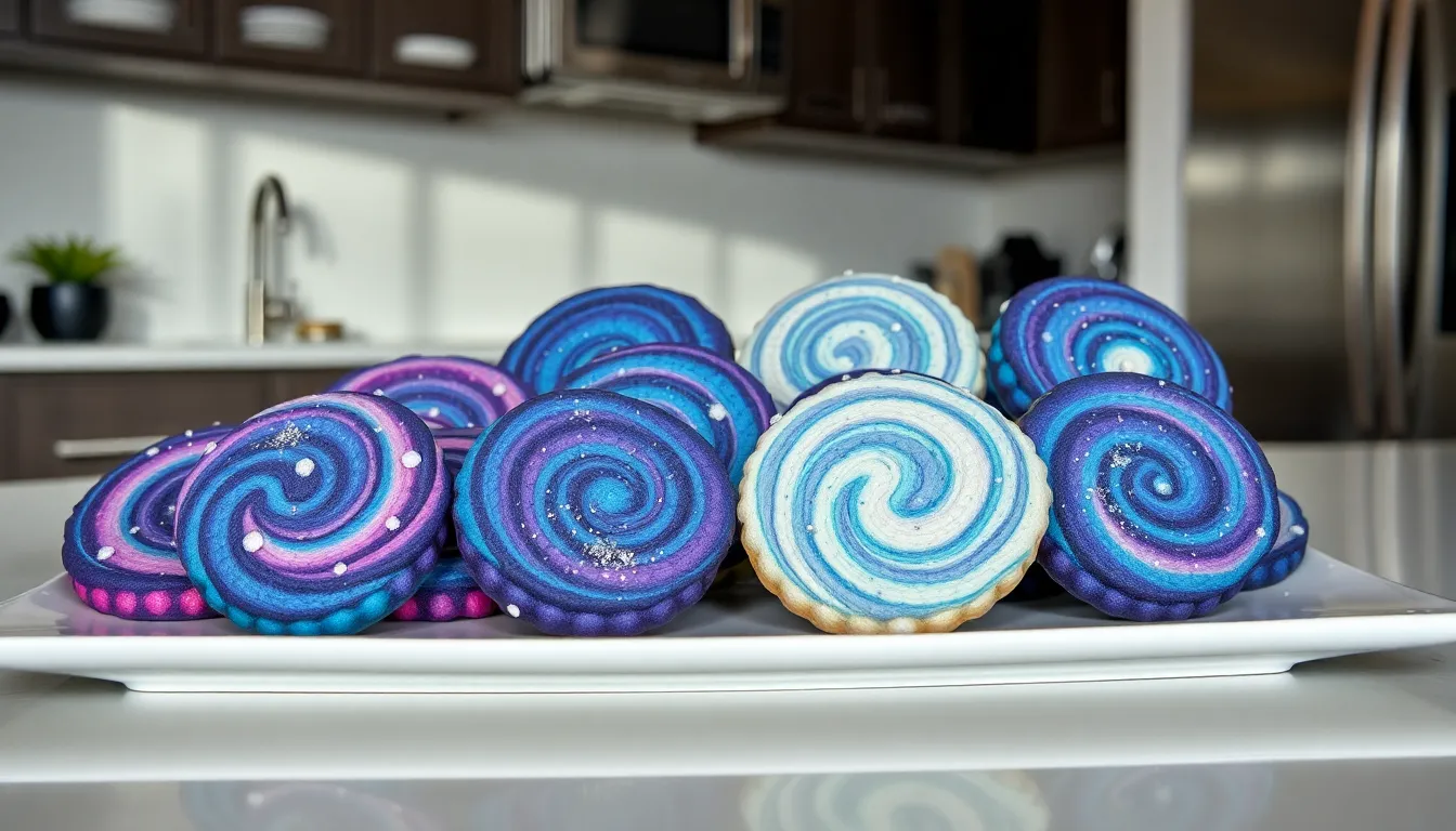 colorful nebula cookies displayed on a modern platter.