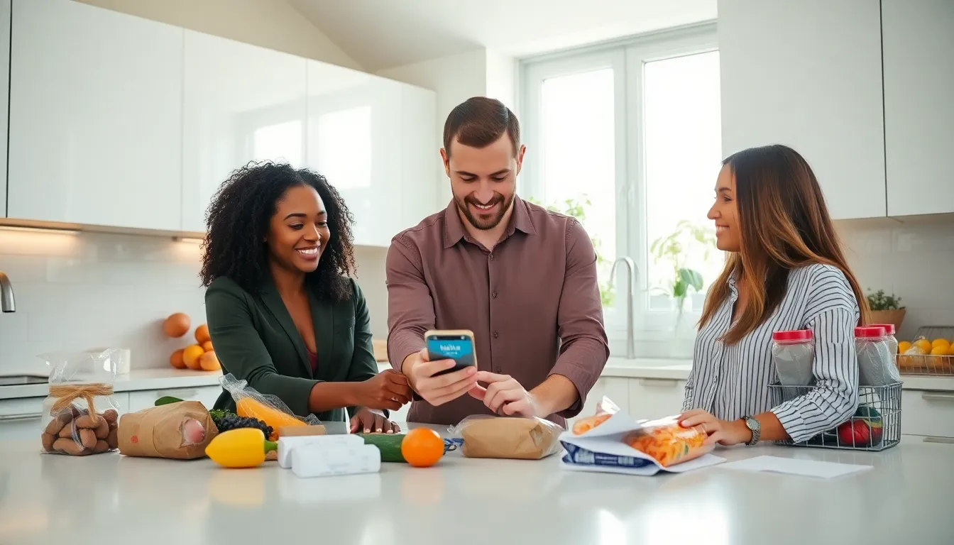 diverse professionals discussing a cash-back app in a modern kitchen.