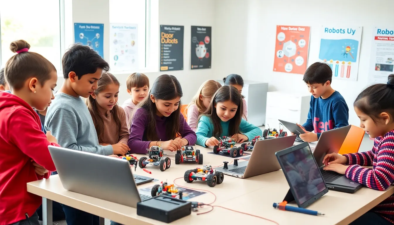 children collaborating in a robotics class with modern tools and technology.