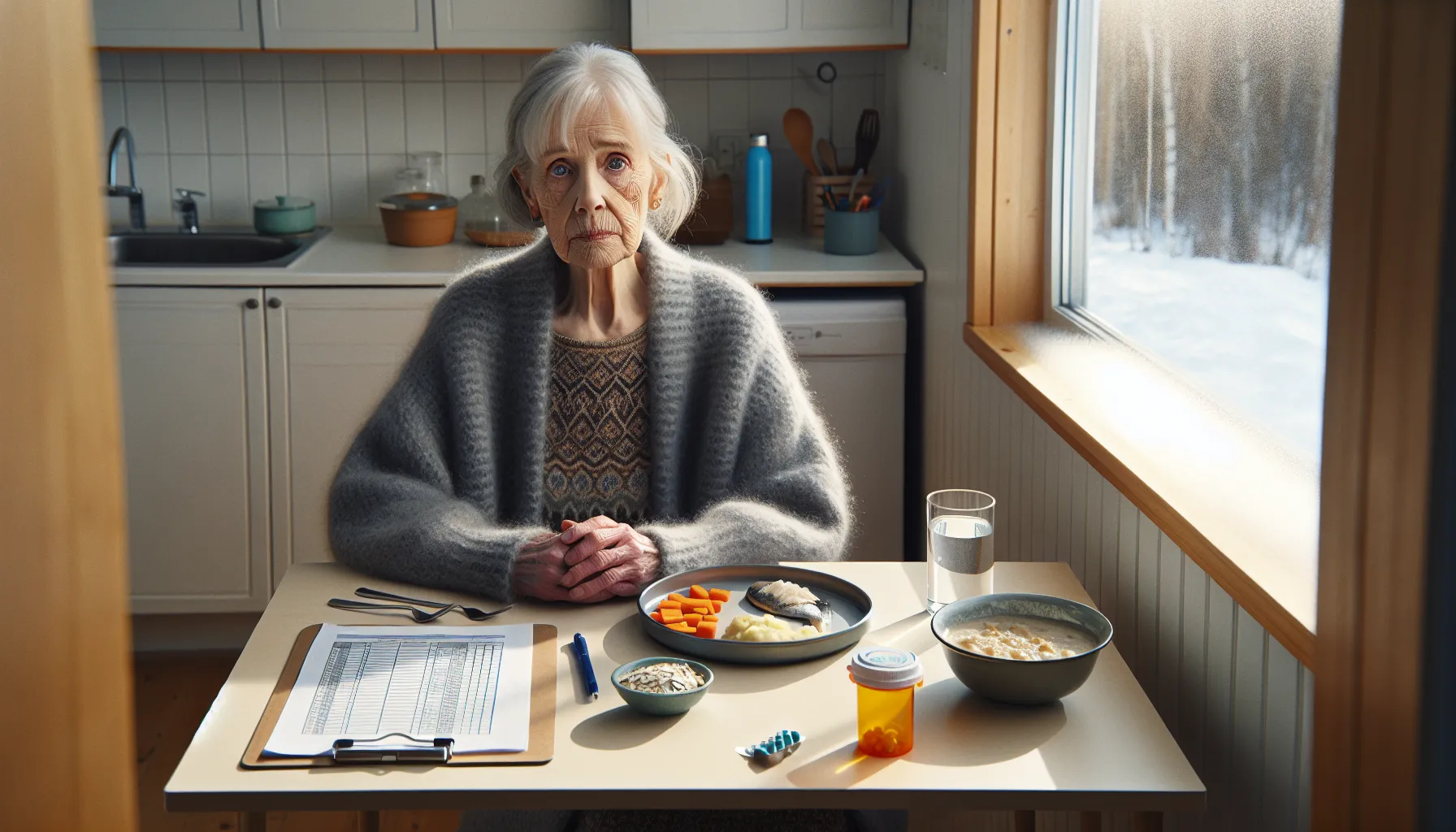 Elderly norwegian woman sits by untouched meal with pills and dentures.