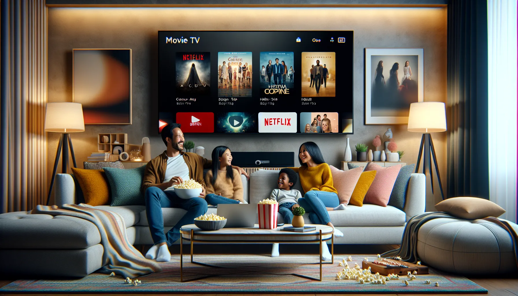 Family enjoying movies in a cozy home setting.