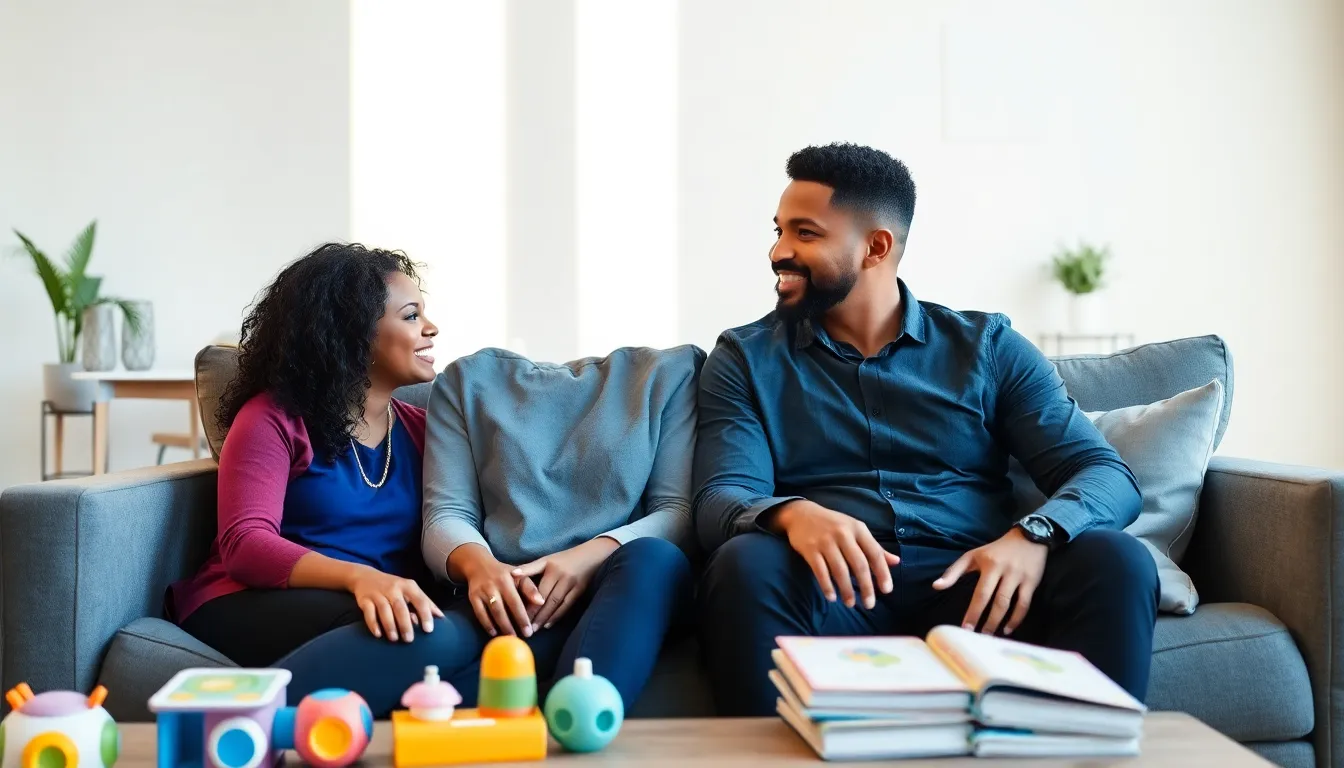 diverse couple discussing parenting in a cozy living room.