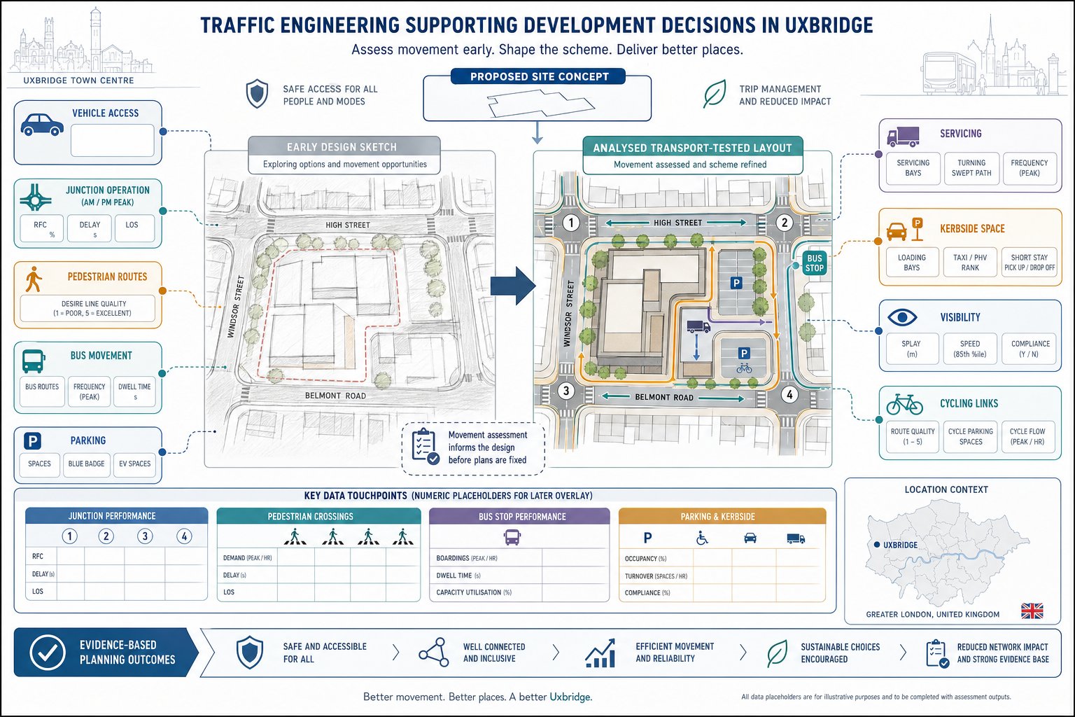 Infographic showing how traffic engineering guides safe development planning in Uxbridge.