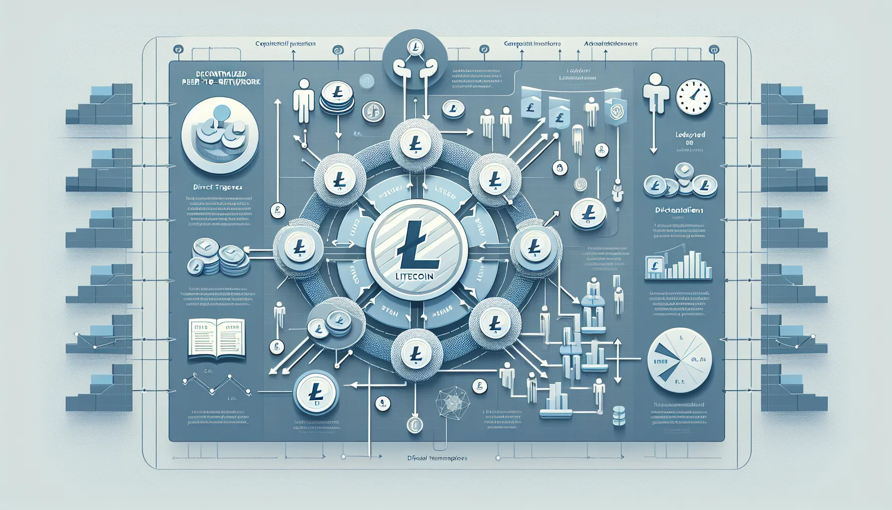 Infographic showing Litecoin's decentralized network structure and peer-to-peer transaction process.