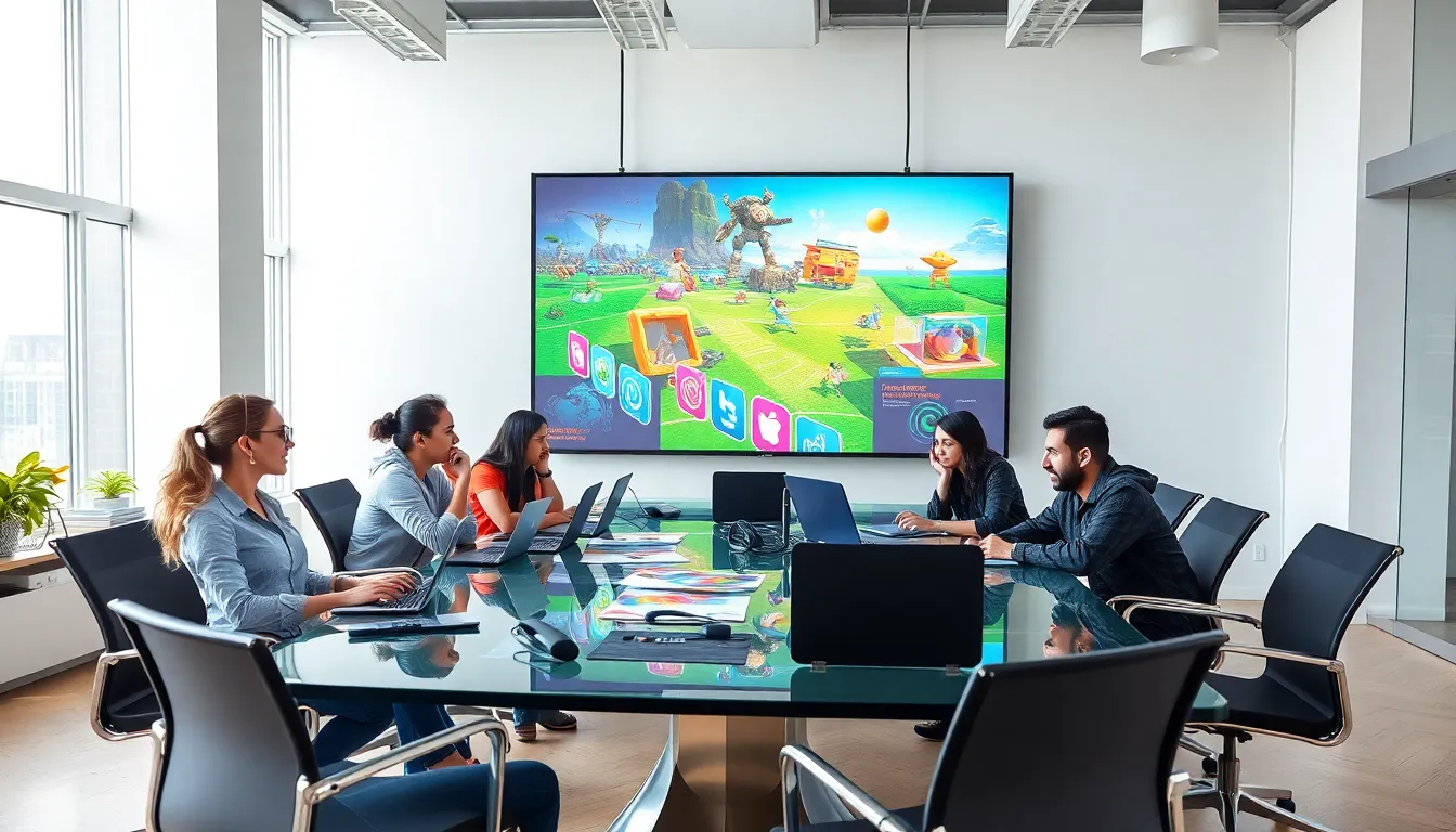 diverse team brainstorming innovative game ideas in a modern office.