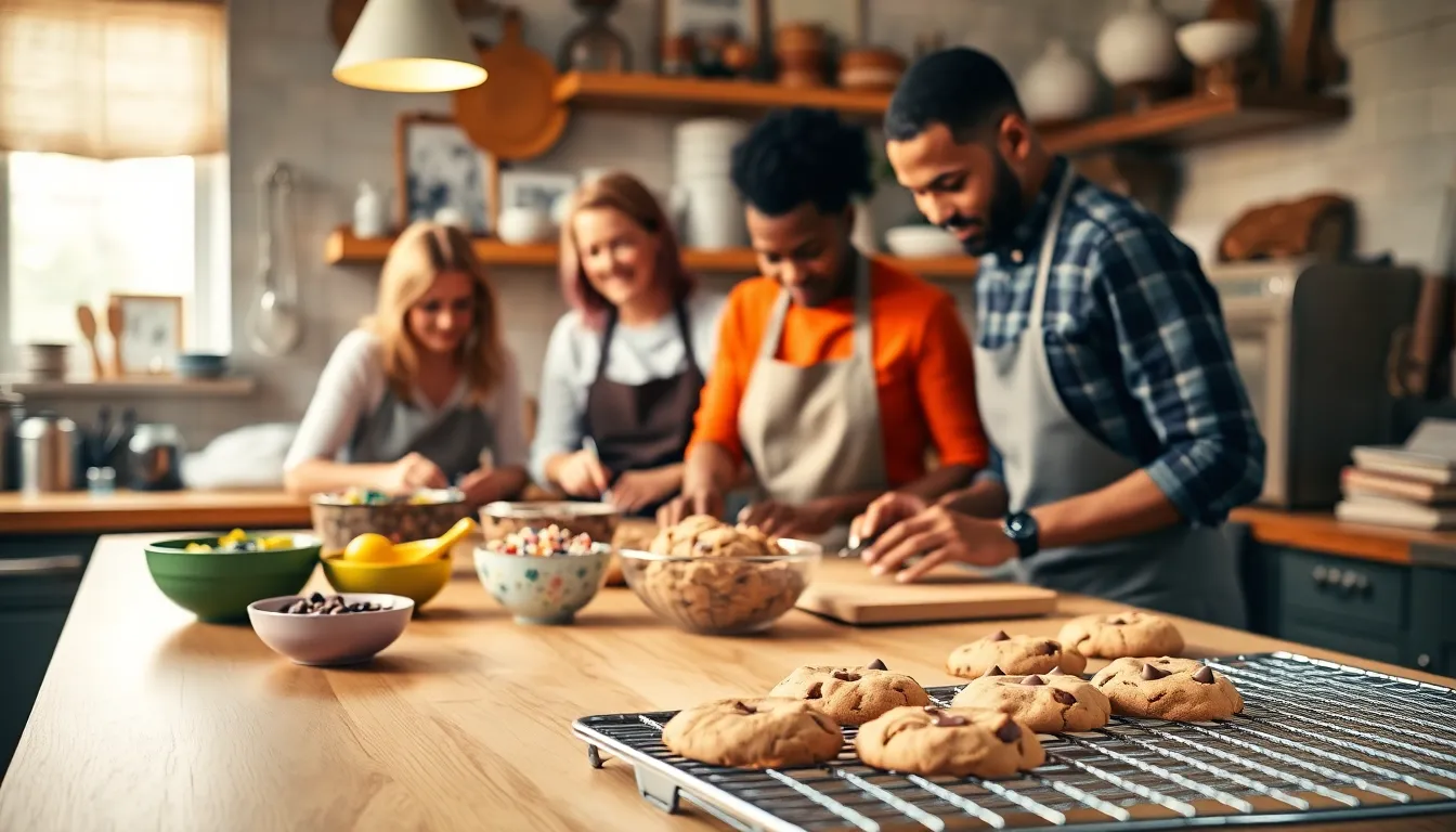 diverse bakers in a cozy kitchen preparing cookies.
