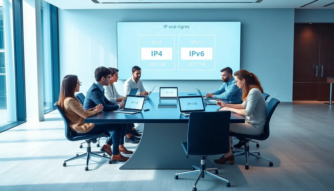 diverse team discussing IP addresses in a modern office.