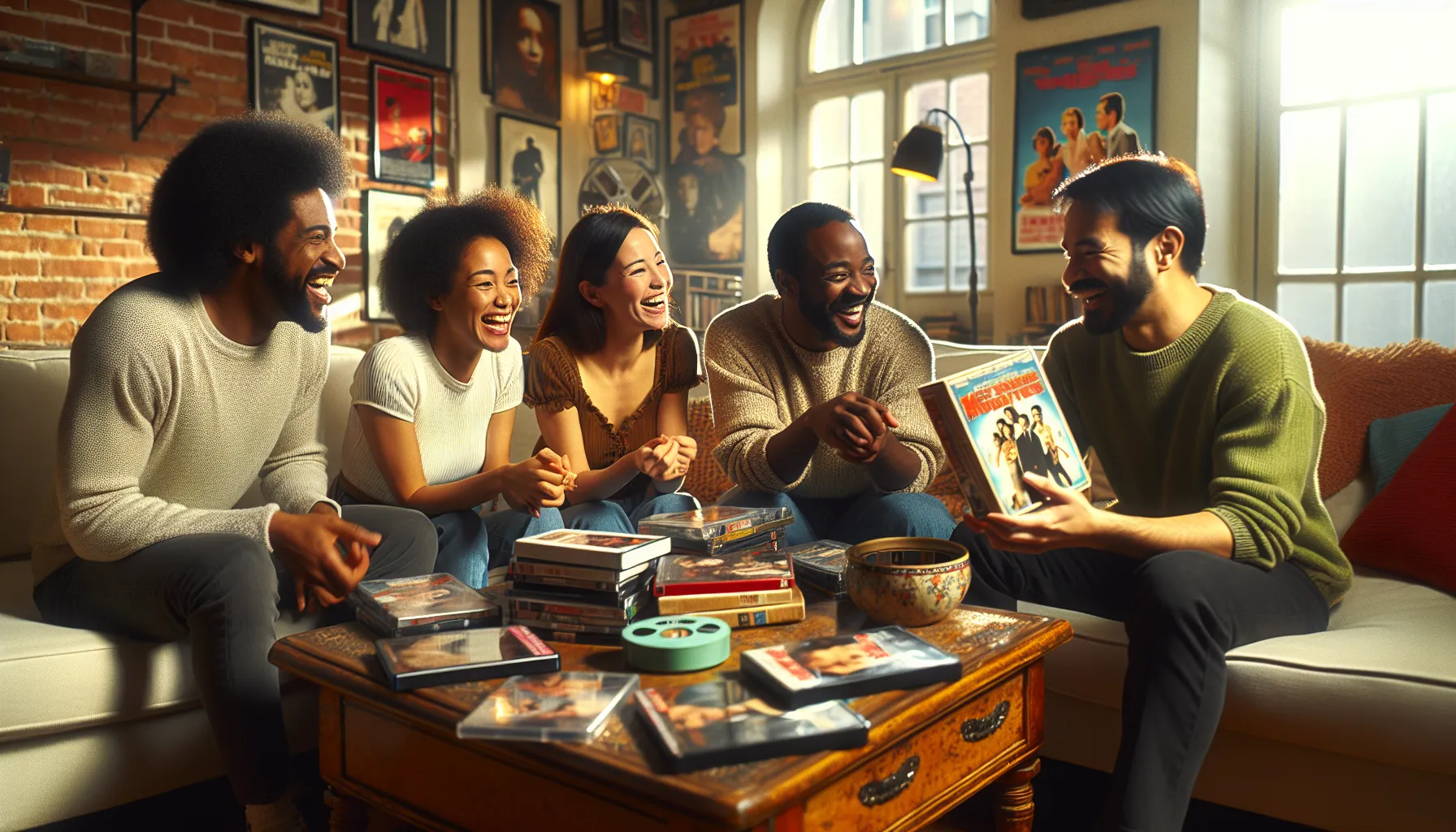 diverse group discussing movies in a cozy living room.