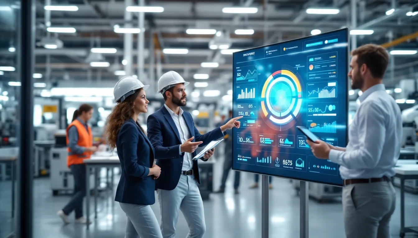 Engineers reviewing AI-powered analytics dashboard in modern manufacturing facility