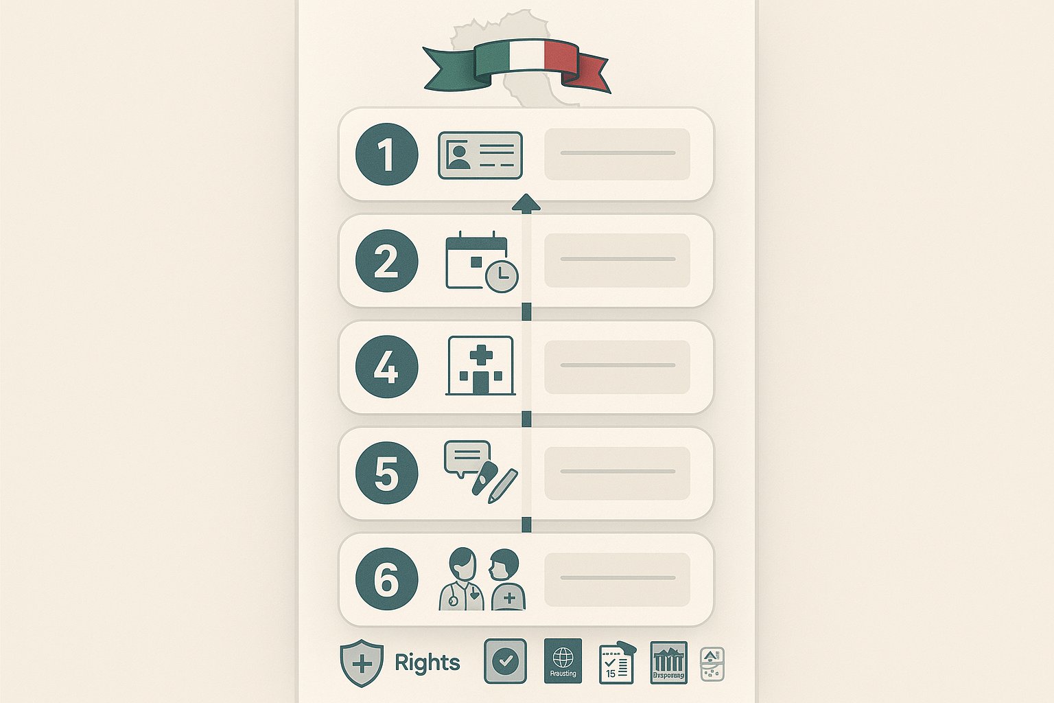 Infografica verticale che mostra un percorso in sei passi per la registrazione sanitaria in Italia.