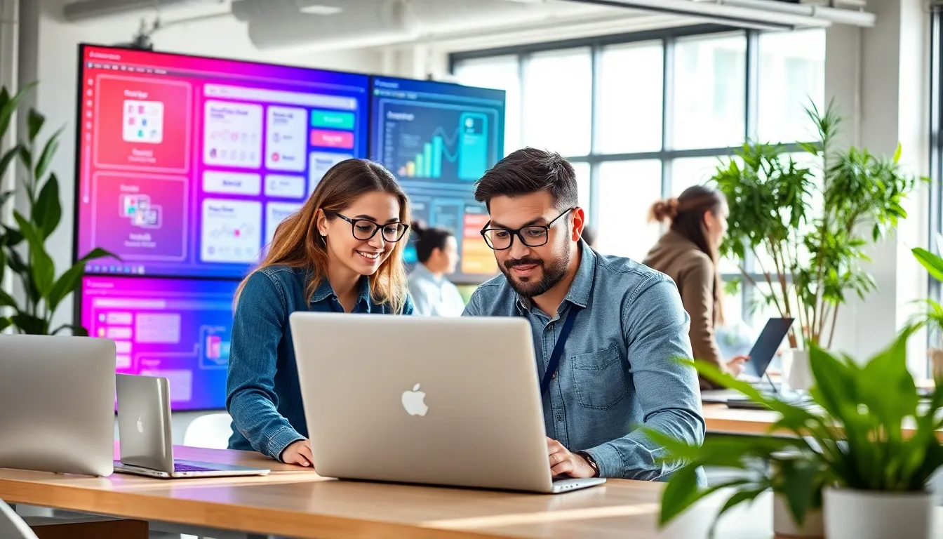 professionals collaborating in a modern workspace using low code no code platforms.