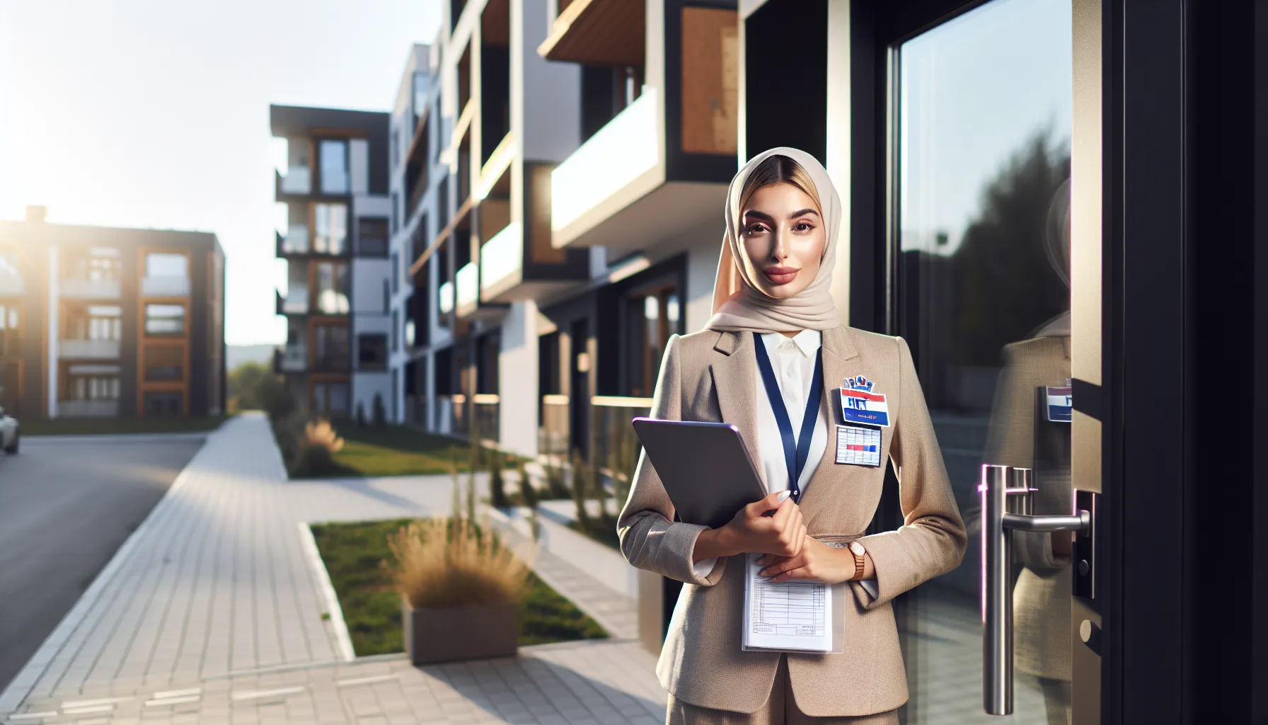 Professional HRT fee collector with tablet at residential building entrance in Croatia