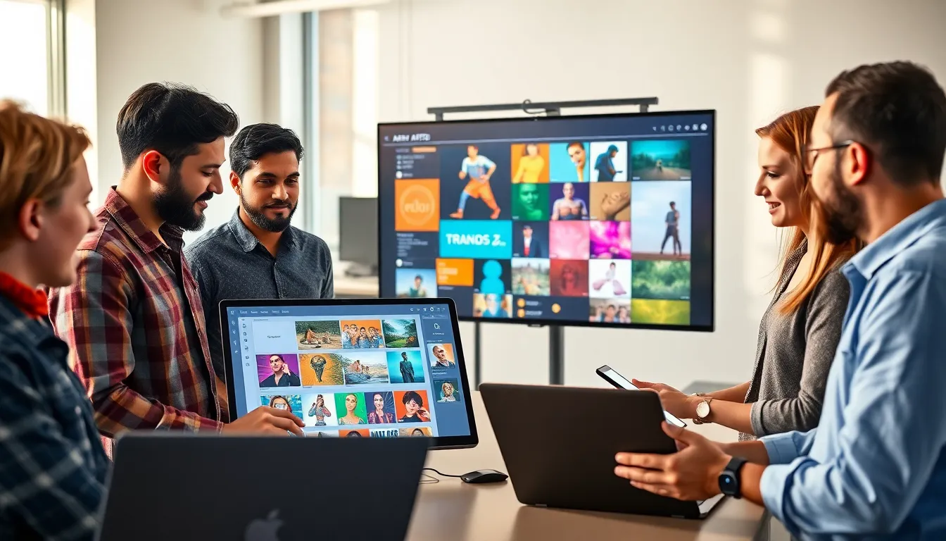 diverse artists collaborating over an art platform in a modern office.