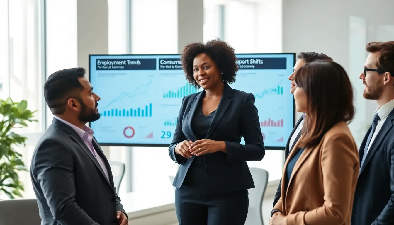 diverse professionals discussing economic trends in a modern office.