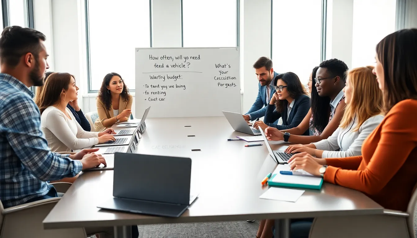 diverse team discussing car ownership needs in a modern office.
