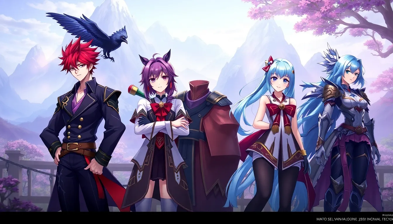 Genshin Impact characters Diluc, Fischl, Zhongli, Yae Miko, and Eula together.