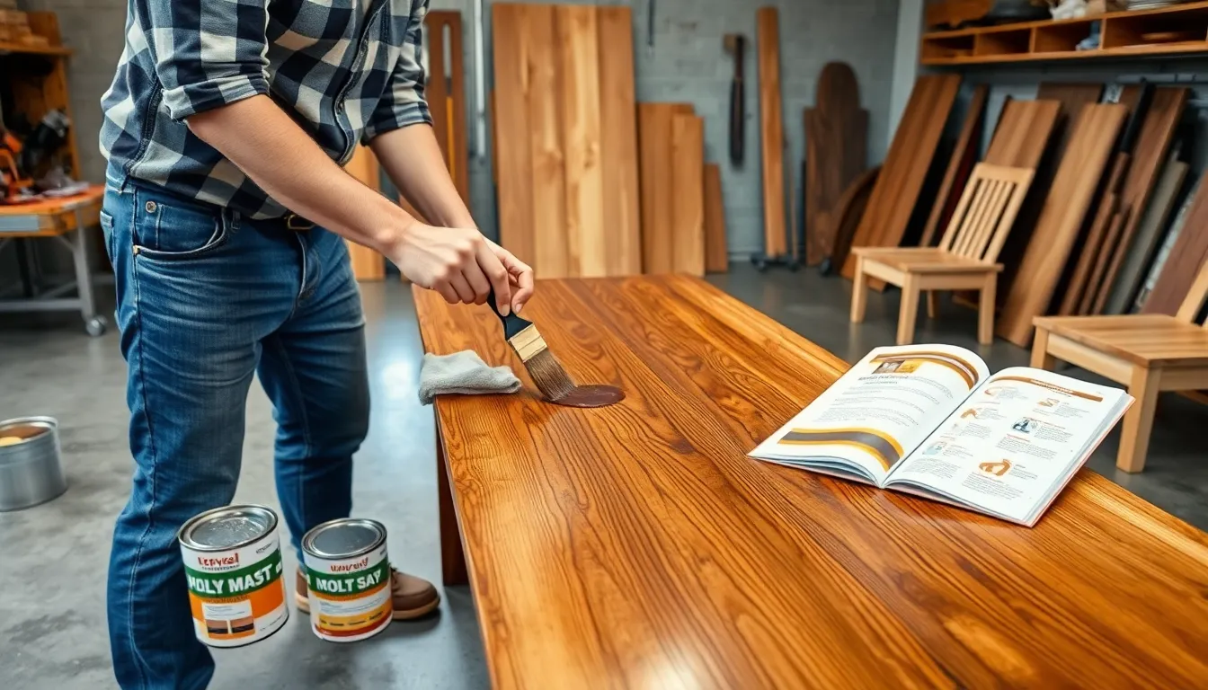 person staining wood furniture in a modern workshop.