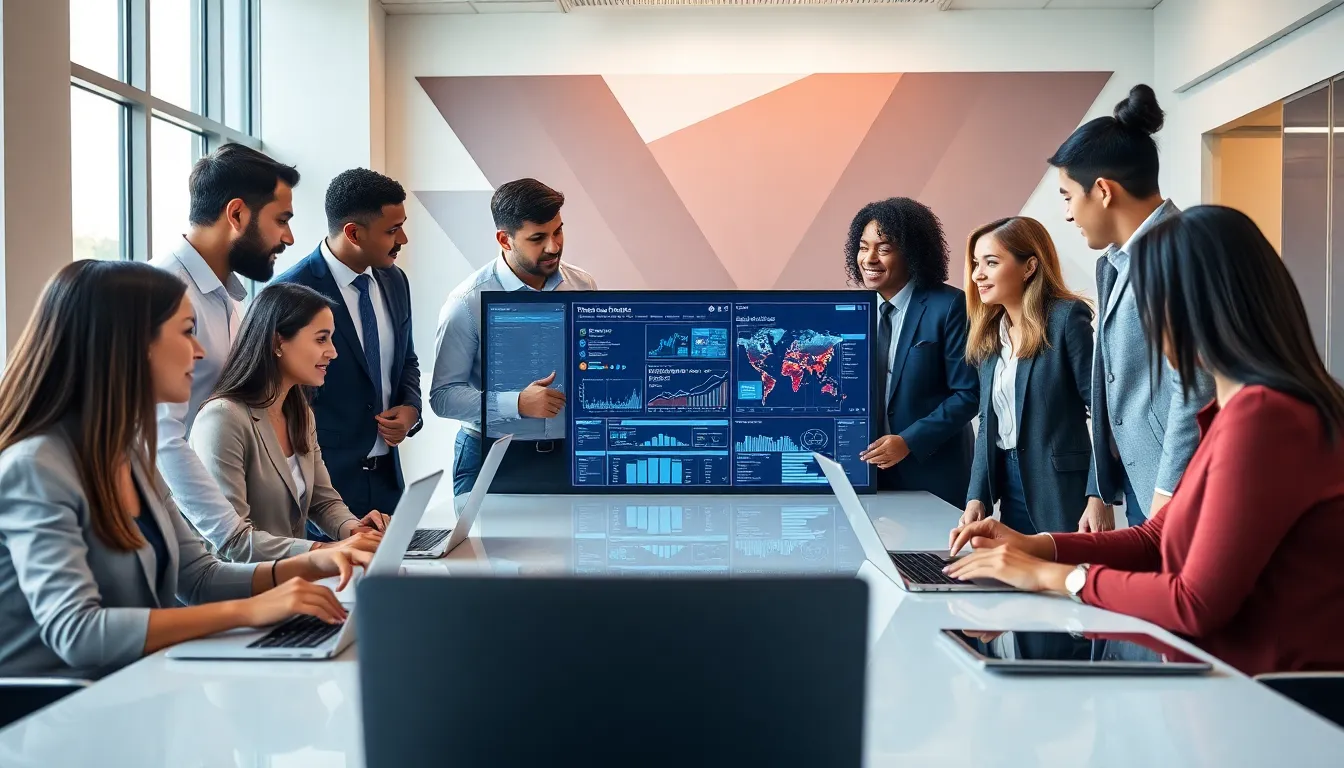 diverse team discussing advanced technology in a modern office.