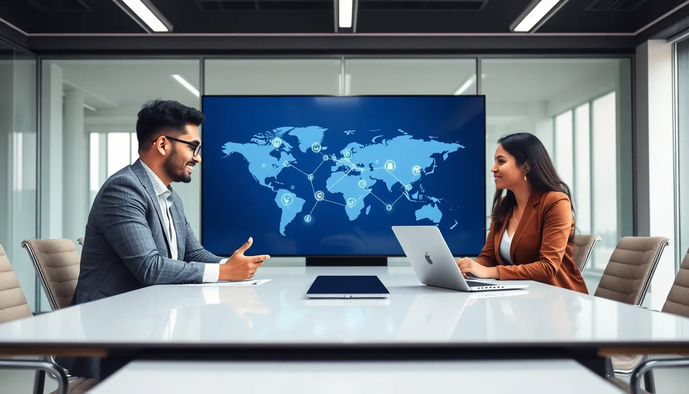 diverse professionals discussing cultural exchange in a modern office.