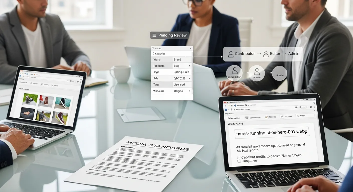 Team reviewing WordPress media library naming, tags, and approval workflow.