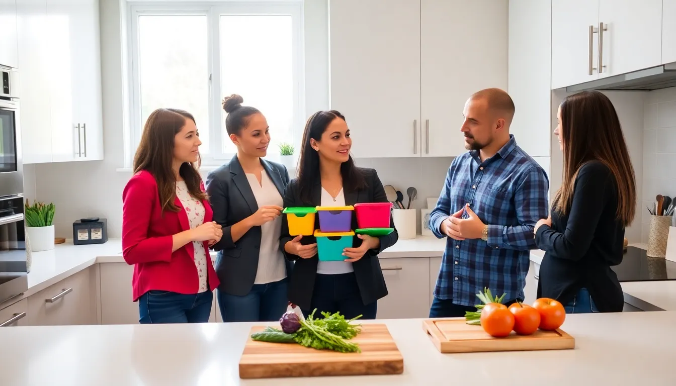 professionals demonstrating kitchen organizing hacks in a modern kitchen.