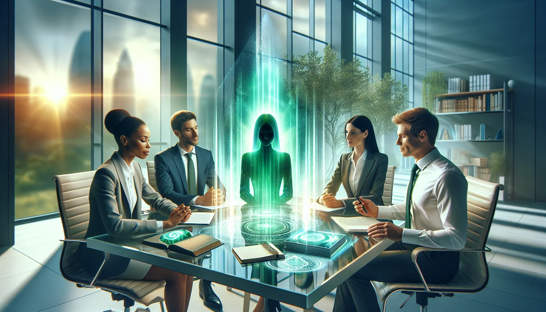 diverse professionals discussing emerald auras in a modern office.
