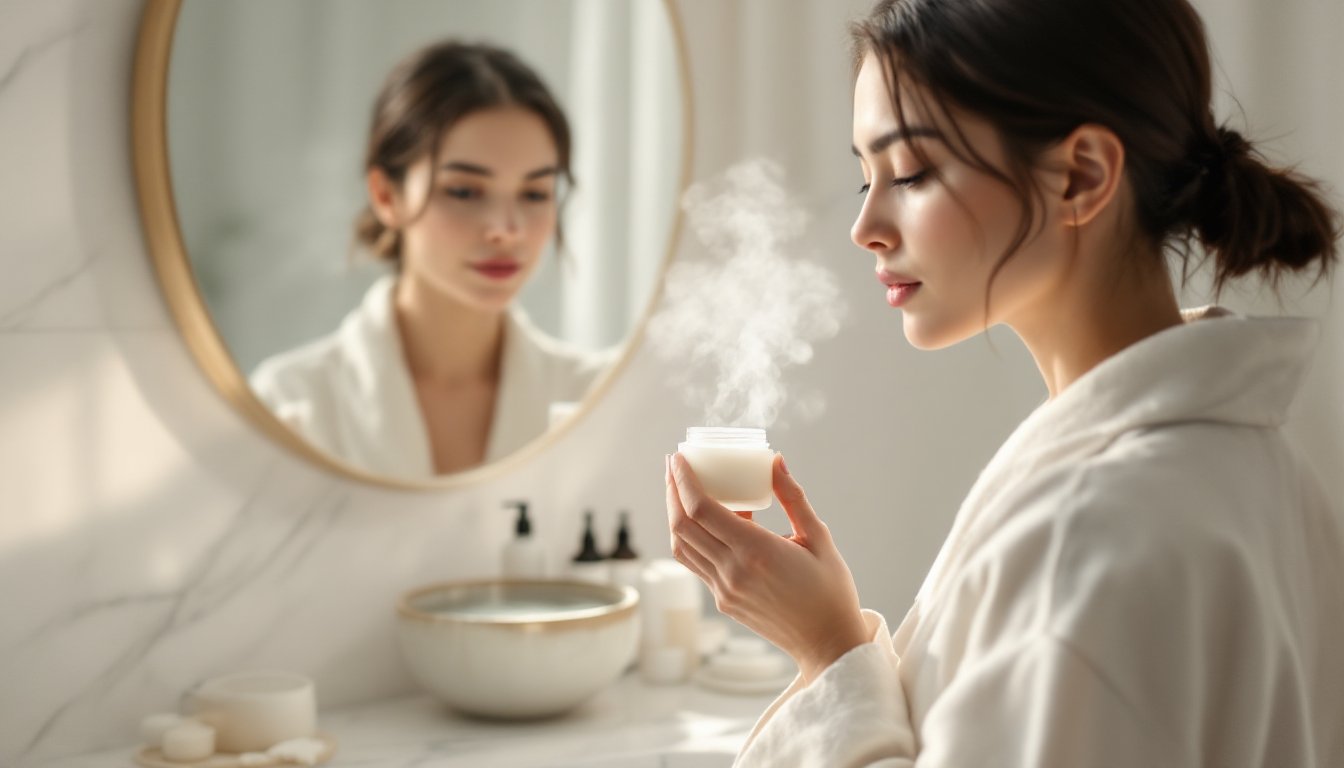 A woman choosing a single moisturizer over a cluttered pile of skincare products at her bathroom counter.
