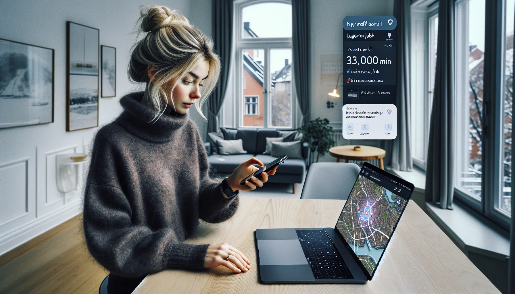 Woman uses smart property app with filters, alerts, and commute map in oslo.