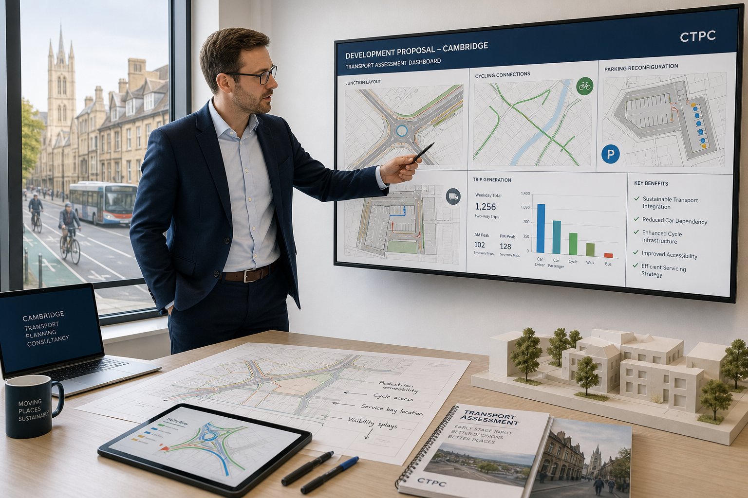 Traffic engineer reviewing Cambridge development access and transport plans in an office.