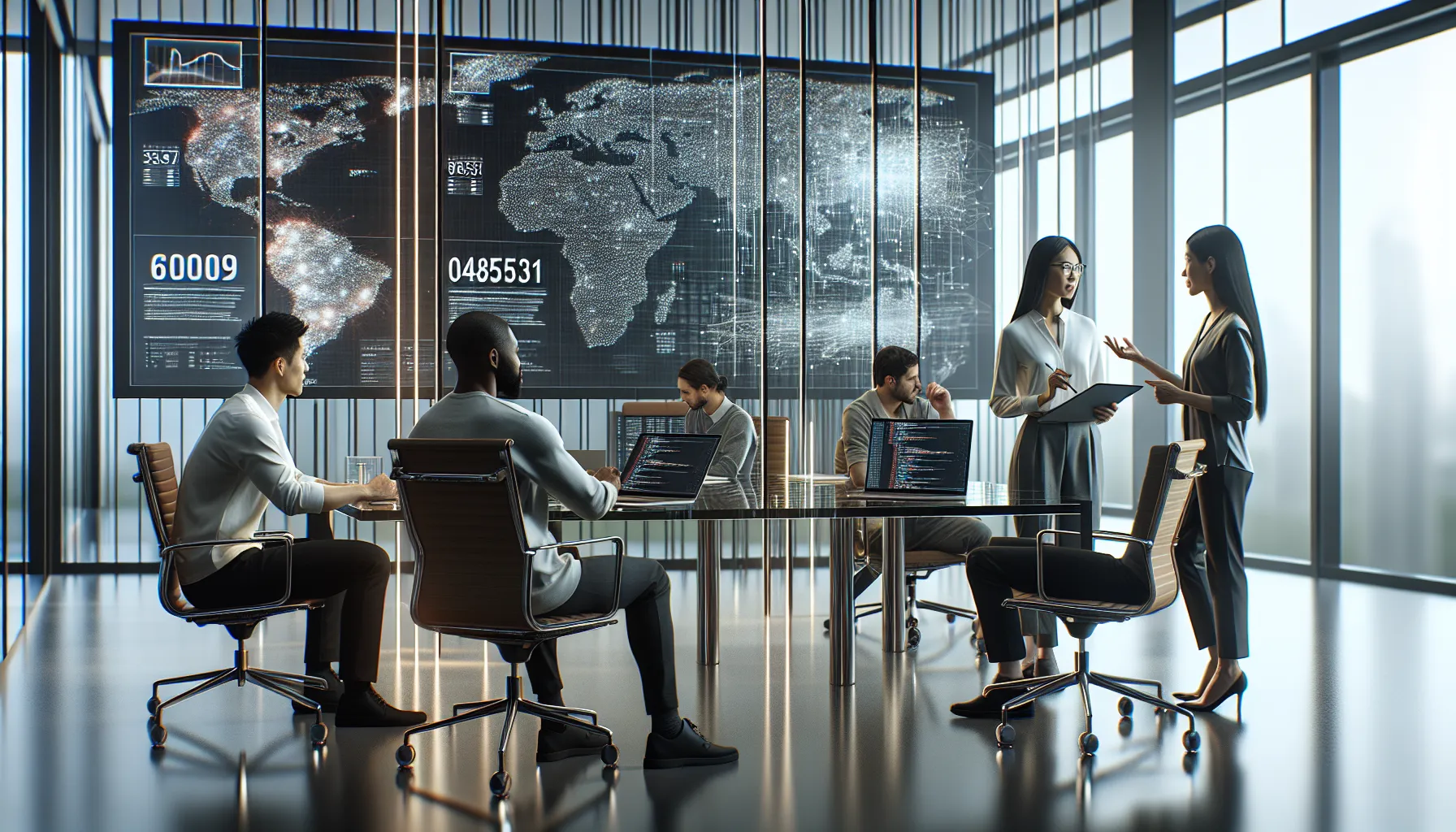 professionals analyzing data in a modern office setting.