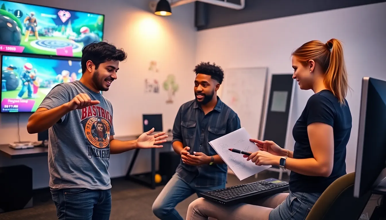 A diverse group collaborating in a vibrant gaming studio.