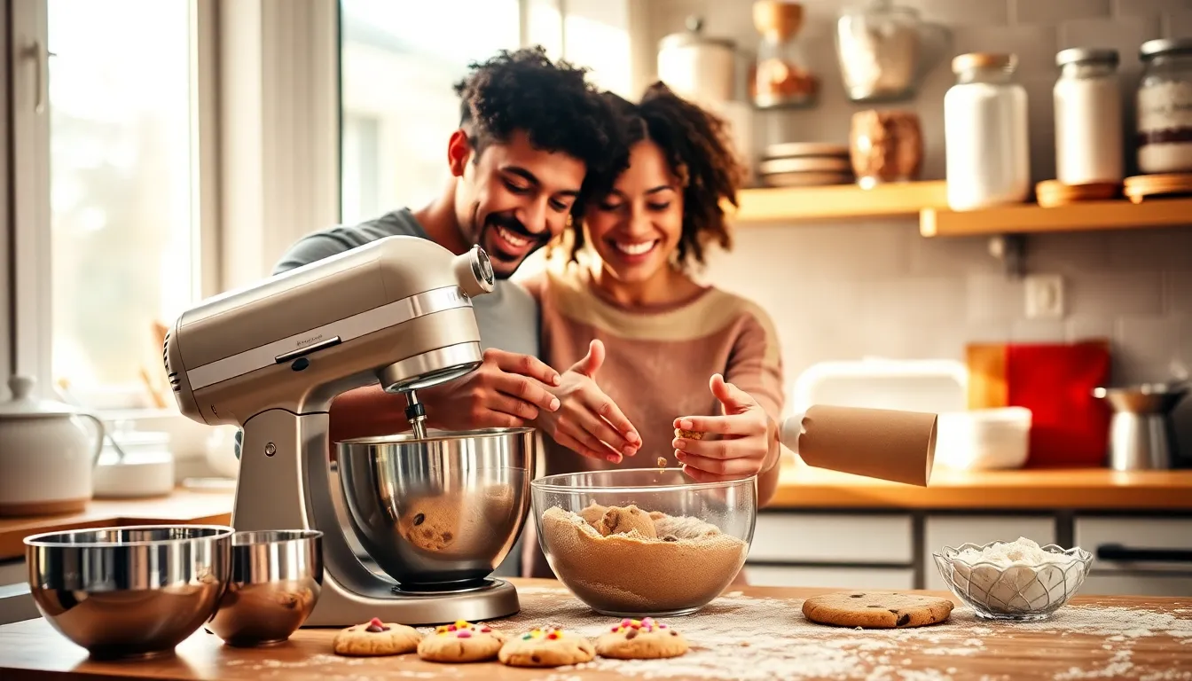 a couple baking cookies in a warm, inviting kitchen.