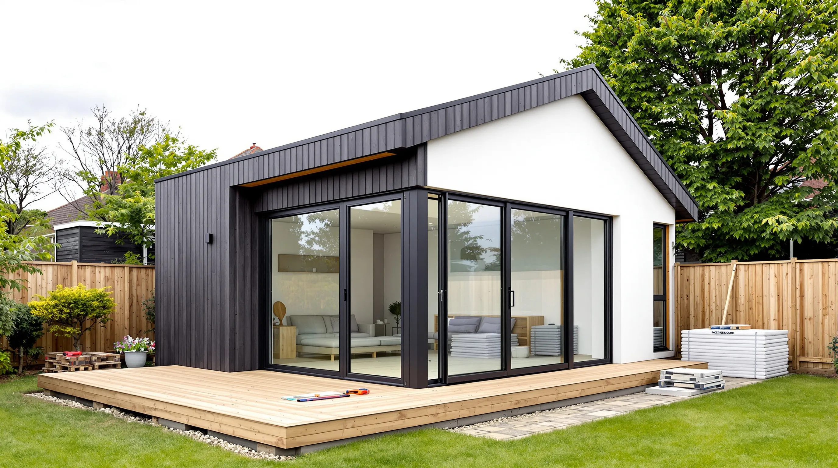 Modern garden room construction showing SIP panels with mixed cladding and bi-fold doors in UK garden.