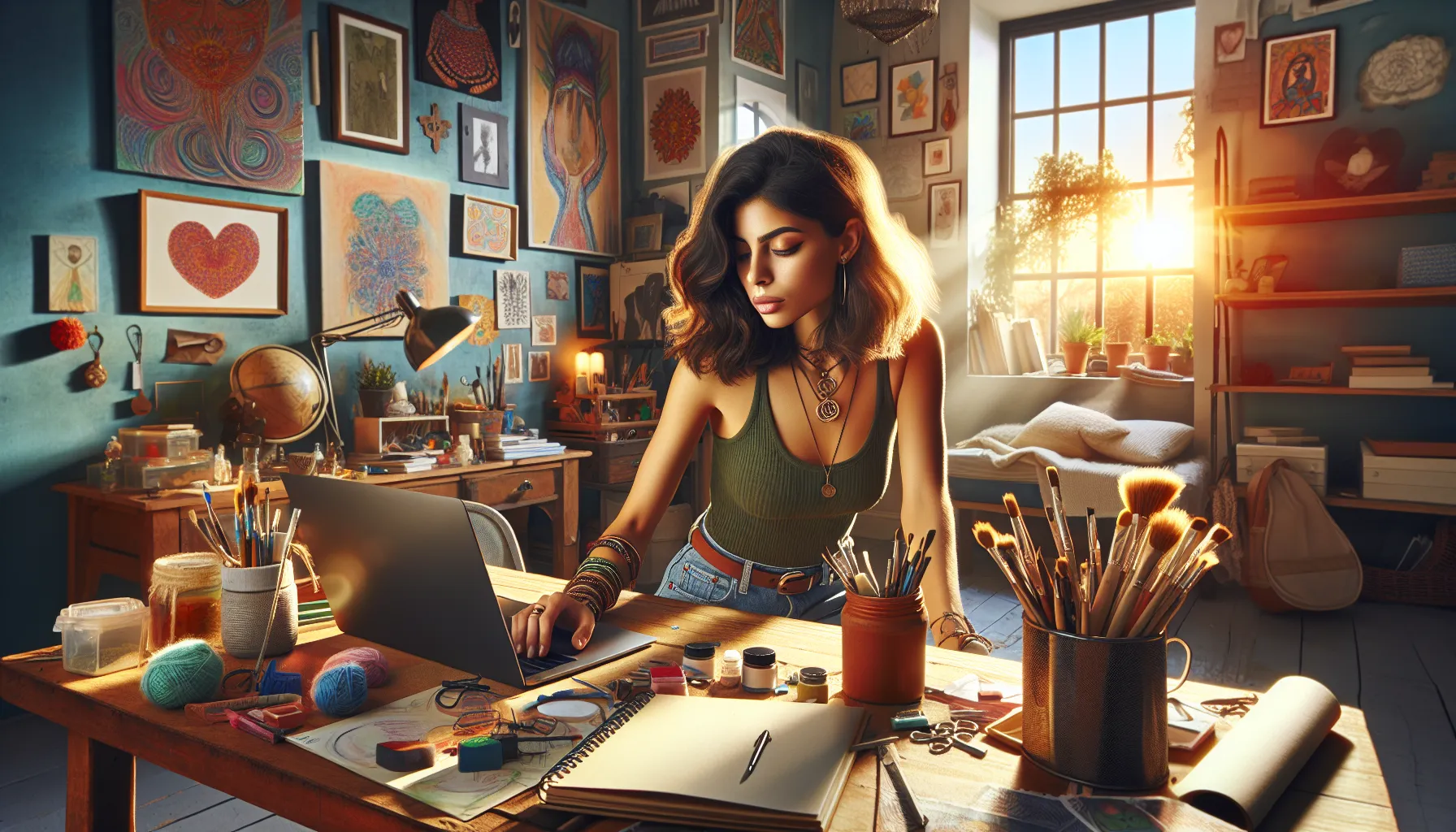 young artist in a bright, cozy workspace with tools and artwork.