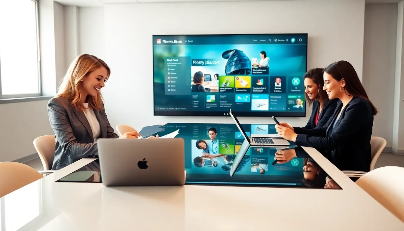 diverse team collaborating in a modern workspace with digital tools.