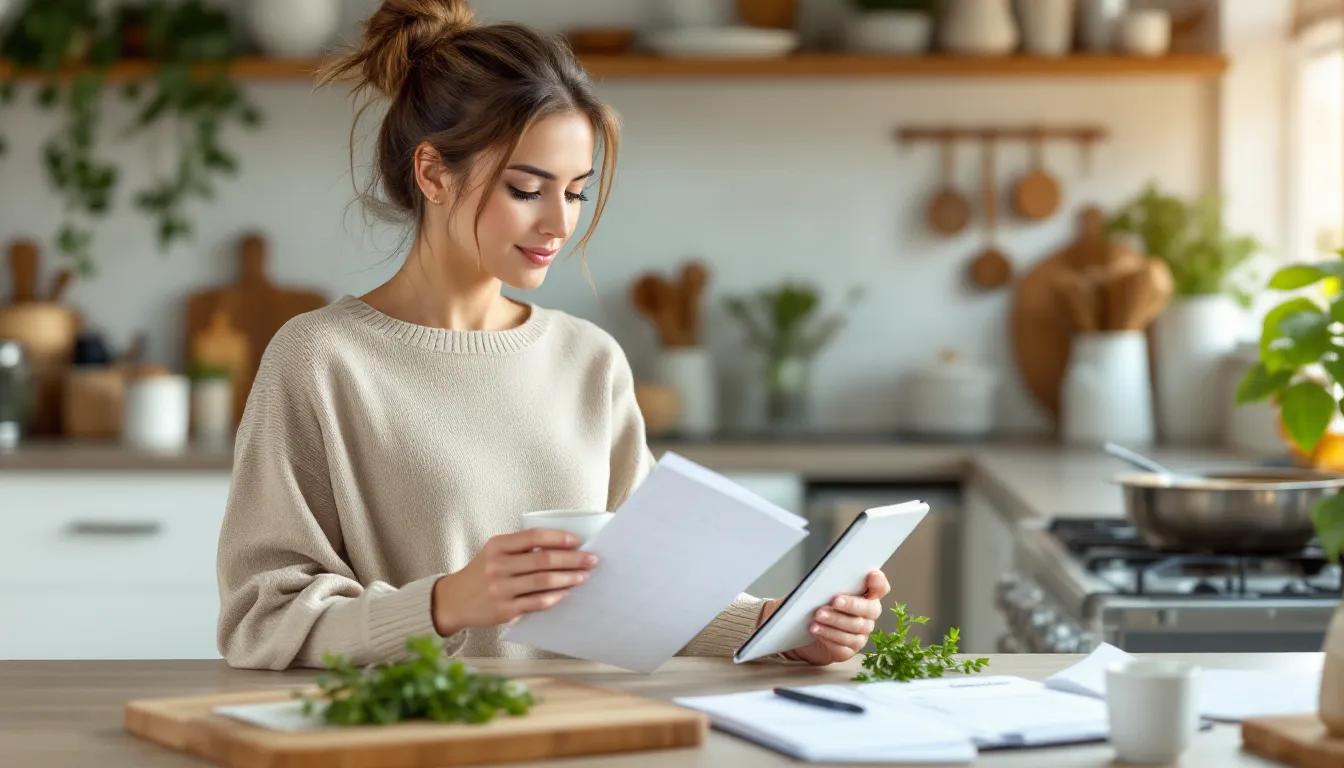 Woman planning weekly meals at a sunlit kitchen counter with a planner and fresh herbs.