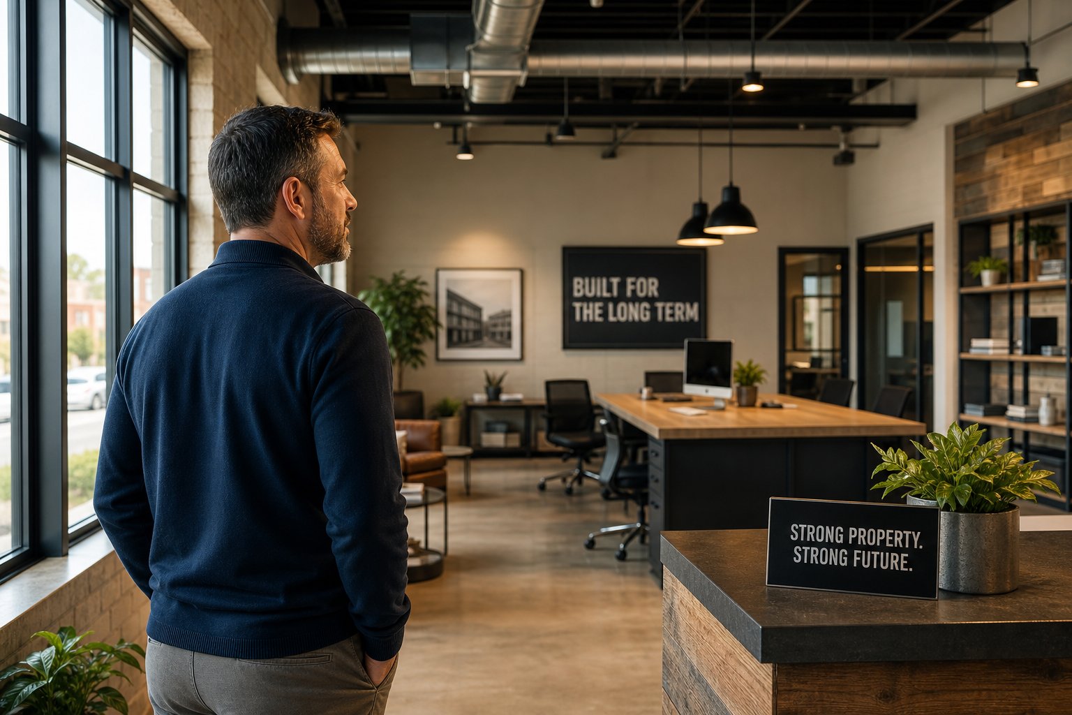Business owner inside a well-maintained commercial property that suggests long-term value and stability.