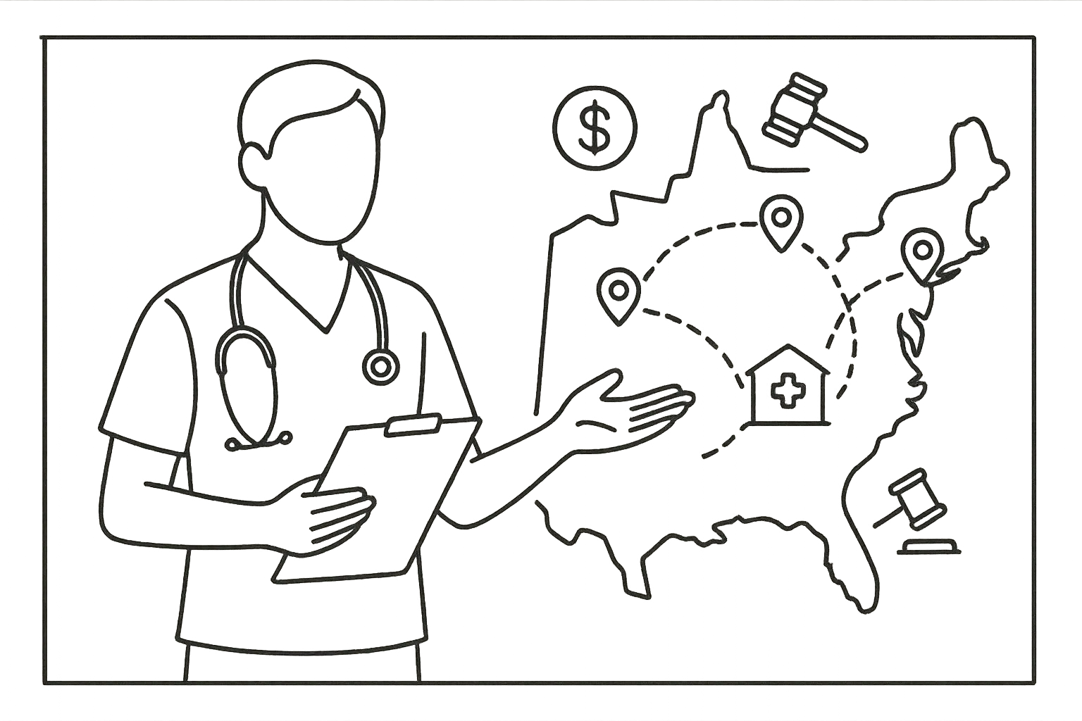 Veterinarian pointing at a regional map with clinic pins, dollar and gavel icons.