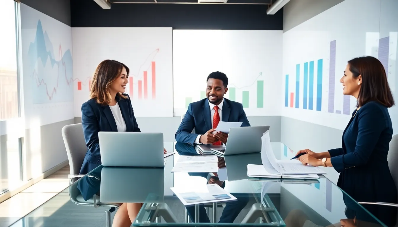 diverse financial advisors discussing debt solutions in a modern office.