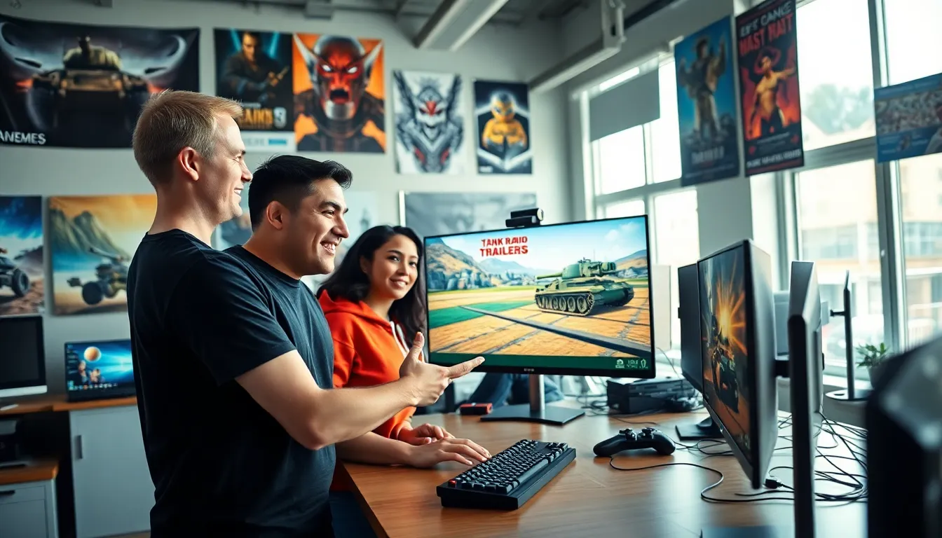 a diverse team discussing game development in a lively studio.